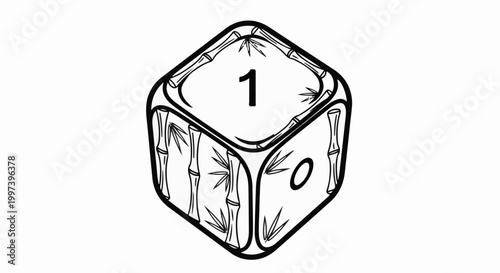 Black and white drawing of a die with a bamboo pattern and the number one