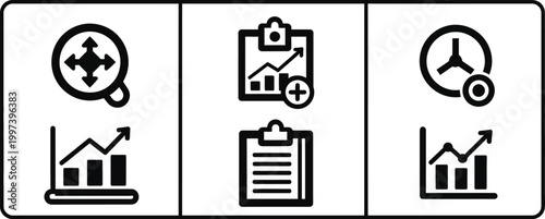 Business Analytics Icons: Charts, Clipboard, Magnifying Glass, Target, Clock