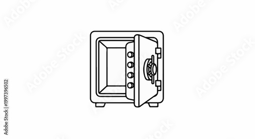An open, empty safe with a dial lock, presented as a simple black outline drawing