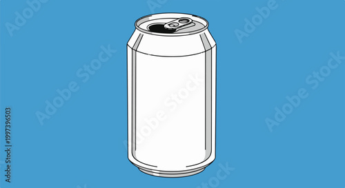 An opened white aluminum can with a pull tab, on a blue background