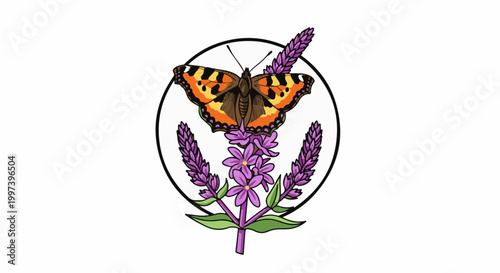 An orange butterfly rests on a stalk of purple flowers inside a circle