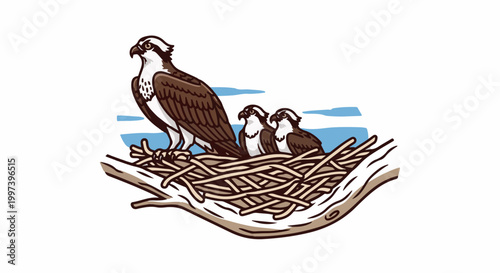 An osprey and two chicks perch in a nest on a branch