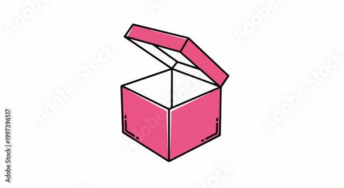 An opened pink cubic box with its lid ajar on a white background