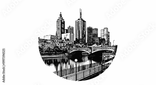 Black and white illustration of a city skyline and bridge over water