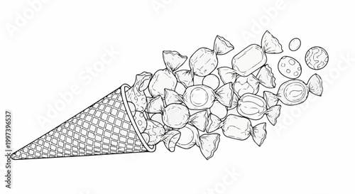 An overflowing ice cream cone spilling a delightful assortment of wrapped candies