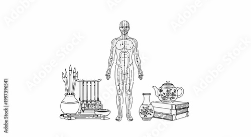 Anatomical chart with art supplies, pottery, and books