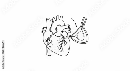 Anatomical illustration of a human heart with an inserted catheter