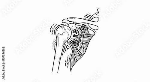 Anatomical illustration of the human shoulder joint with musculature and bones depicted