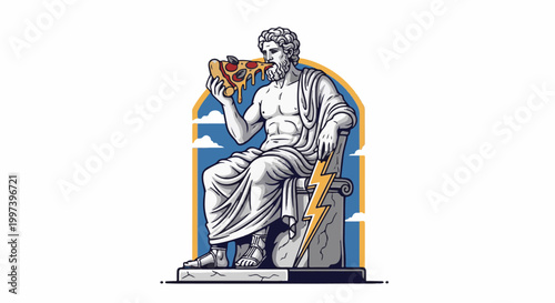 Ancient statue of Zeus eating pizza with a lightning bolt