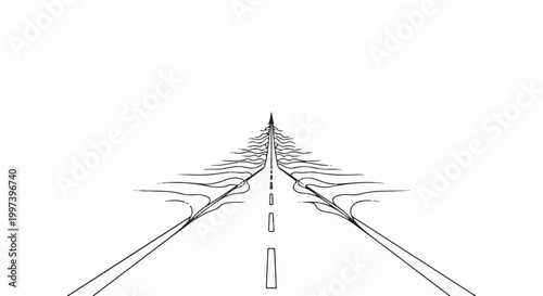 An abstract, black and white illustration of a road with wavy lines on the sides