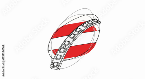 An abstract, curved line of electronic components on a red and white background