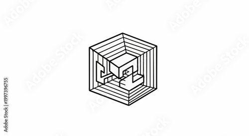 An abstract isometric hexagon structure with layered lines and a central geometric form
