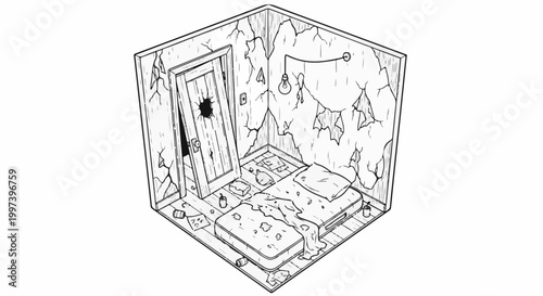 An abandoned room with a broken door, bare mattress, and damaged walls