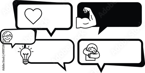 Social media communication icons: heart, muscle, idea, and person hugging a pillow