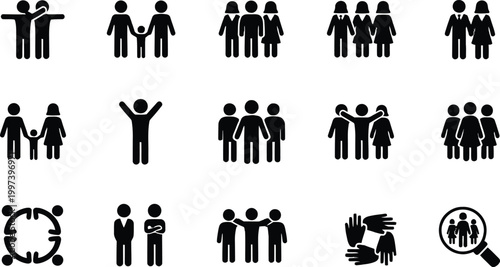 Family and community silhouettes set including parents, children, and social groups.
