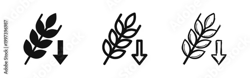 Agriculture Crisis and Wheat Harvest Decline Icon Set with Down Arrow