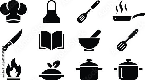 Professional cooking tools and kitchen utensil icons for restaurant menu or food blogging design assets