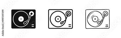 Retro Vinyl Turntable and Record Player Icon Set in Three Styles