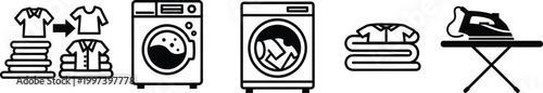 Laundry and Ironing Process Icons: Washing, Drying, Folding, and Ironing Clothes