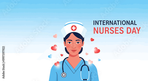 Gradient illustration of a female nurse in blue scrubs surrounded by floating red and blue hearts for International Nurses Day appreciation design.