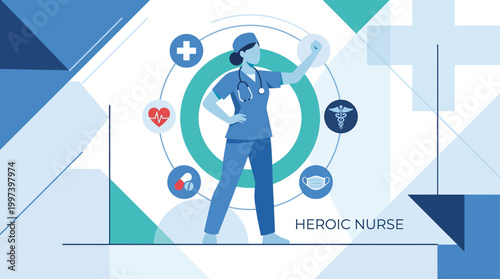 Bold flat illustration of a heroic nurse in power pose surrounded by medical icons including heartbeat, caduceus, mask, and pills on geometric blue background.