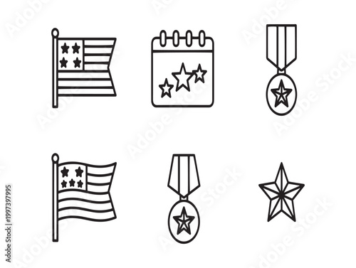American patriotic symbols flags medals and stars a collection of line icons