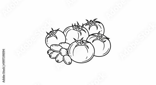 Black and white illustration of ripe tomatoes and oval-shaped olives