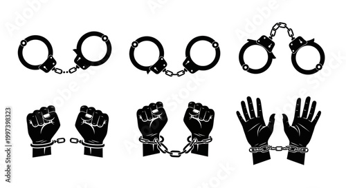 Set of Handcuffs and Chained Fists Icons - Symbolizing Arrest, Restriction, and Freedom