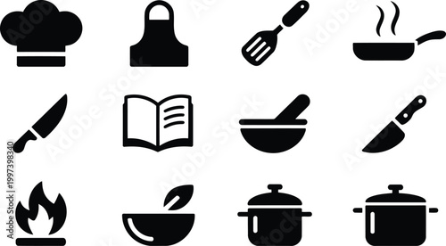Professional kitchen equipment icons displaying essential cooking gear for restaurant culinary arts and home meal prep