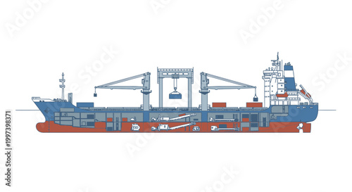 Cargo Ship Cross Section Illustration with Crane System