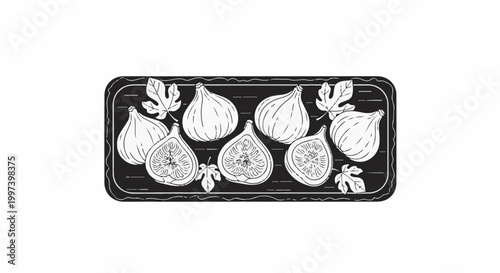 Black and white illustration of ripe figs arranged on a dark rectangular surface with leaves