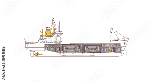 Cargo Ship Cutaway Illustration Showing Internal Machinery and Structure