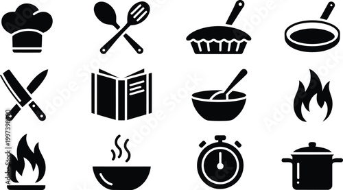 Professional kitchen equipment icons displaying essential tools for chefs and home cooking enthusiasts and recipes