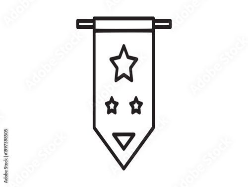 Simple black and white line drawing of a heraldic banner with stars and a triangle