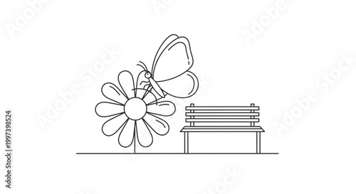 Butterfly on Flower with Park Bench in Peaceful Garden Scene