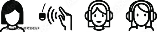 Set of simple icons: person, sound waves, hand, people with headphones