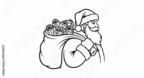 Black and white illustration of Santa Claus carrying a sack full of gifts