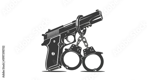 Handcuffs on Gun, Crime and Law Enforcement Concept