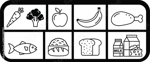 Healthy Food Icons: Fruits, Vegetables, Protein, Grains, Dairy