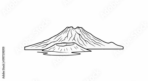 Black and white illustration of two majestic volcanoes, one dormant and one active