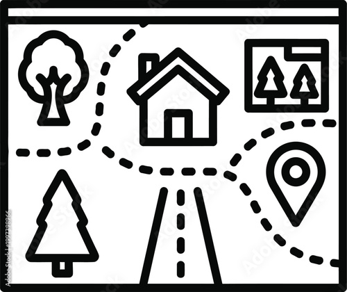 Navigation map icons: house, tree, road, location pin, forest outline