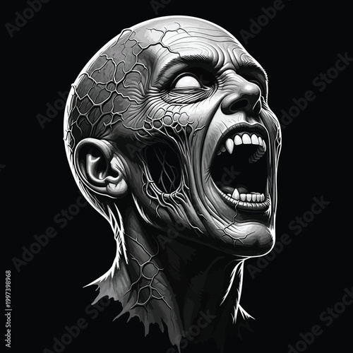Grayscale of a screaming zombie head with scales monster