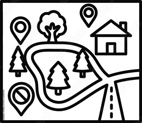 Location Map Icons: Navigation pins, house, trees, road, and forbidden sign