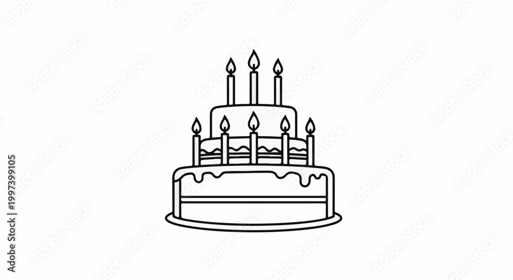 Naklejka premium Black and white illustration of a multi-tiered birthday cake with lit candles