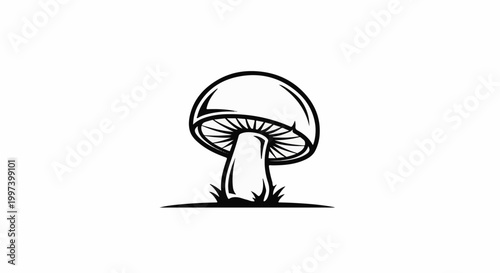 Black and white illustration of a mushroom with gills and a stem, on grass