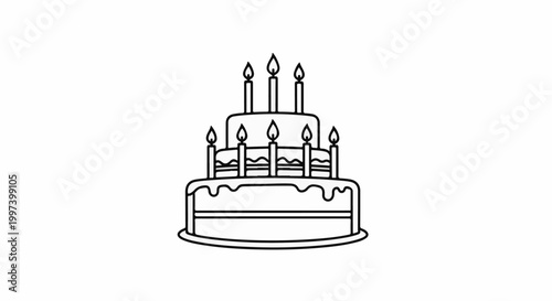 Black and white illustration of a multi-tiered birthday cake with lit candles