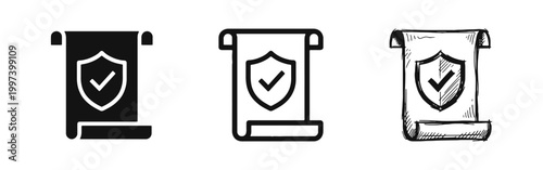 Insurance Policy Document and Security Protection Icon Set