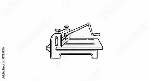 Black and white illustration of a paper cutter with a crank handle
