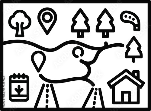 Navigation map icons: location, route, trees, house, calendar, road