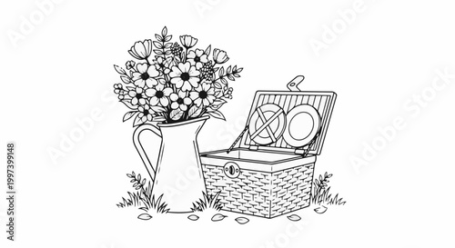Black and white illustration of a picnic basket with open lid revealing plates and a vase of flowers